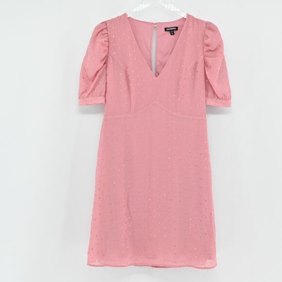 EXPRESS Dress Sz M Pink Gold Metallic Clip Dot Puff Sleeve Coquette Ballet Retro - Picture 2 of 12